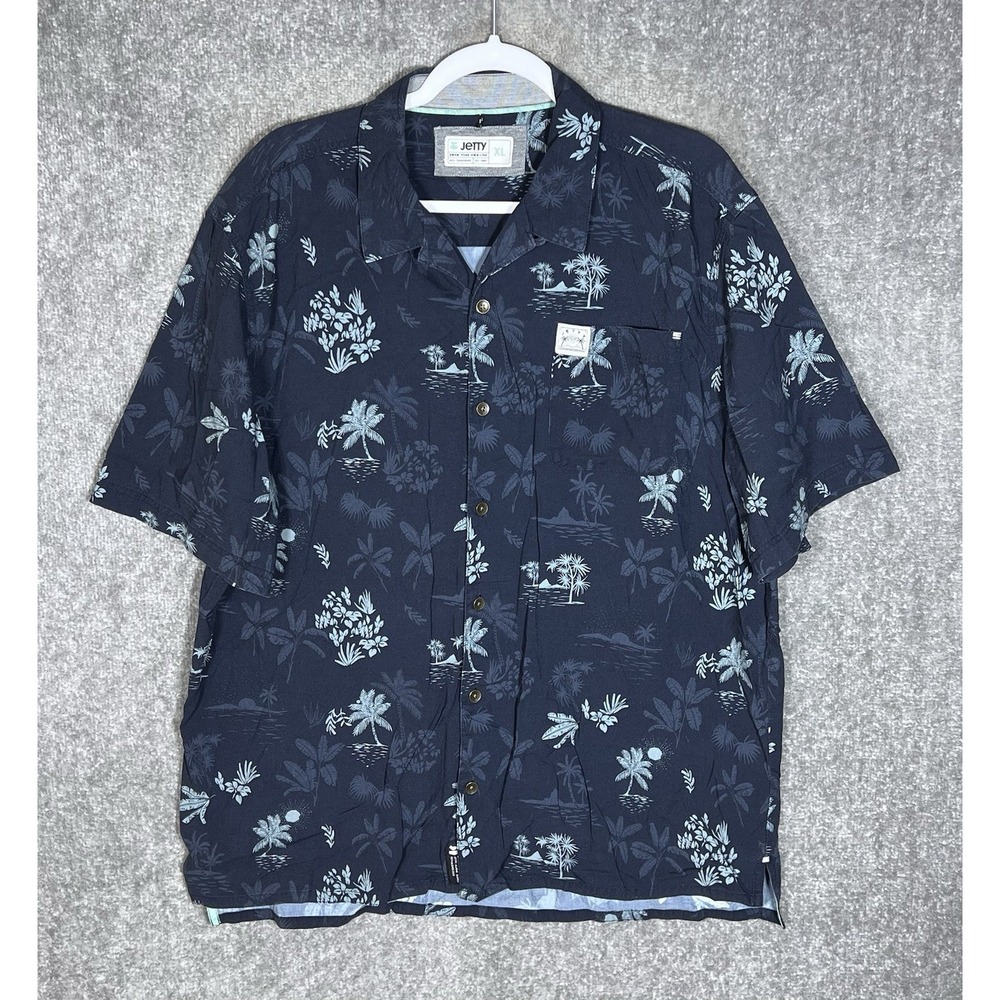 Jetty Marine Supply Loop Collar Button Up Shirt Mens Size XL Blue Hawaiian Beach